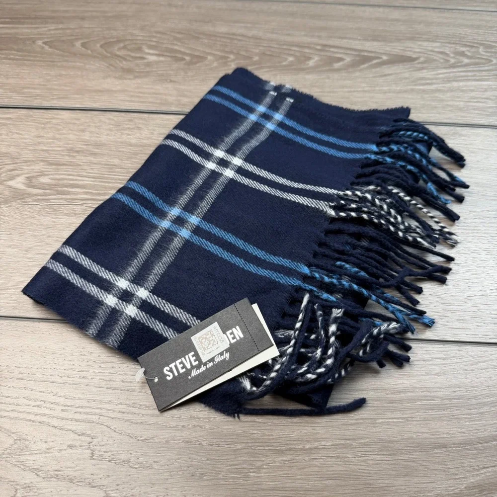 Steve Madden Mens Scarf Plaid Fringe Made in Italy Navy OS New